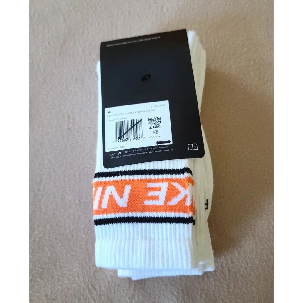 NIKE Everyday Plus 3 Pack Crew Socks White Medium UNISEX M 6-8/W 6-10 Logo NWT